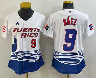 Womens Puerto Rico Baseball #9 Javier Baez Number White 2023 World Baseball Classic Stitched Jersey